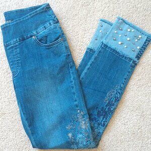 LISETTE Blue Straight Leg Jeans with Floral and Pearl Details - Size 2